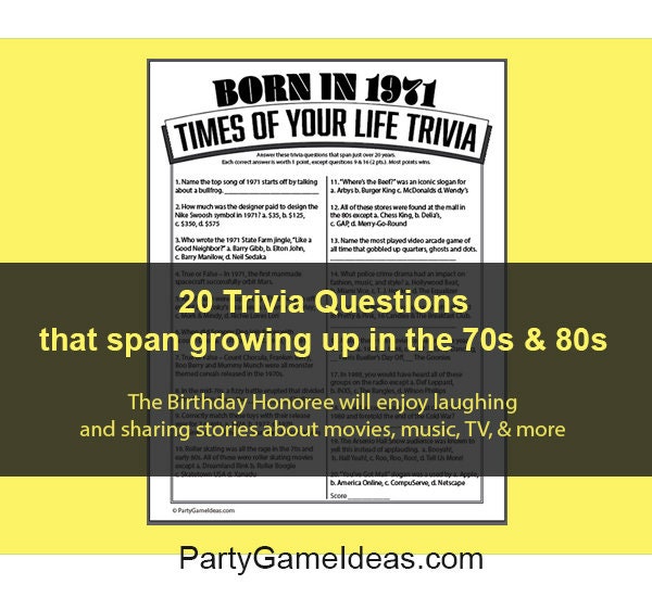 Born In 1971 Trivia Game Printable 50th Birthday Party Trivia Etsy