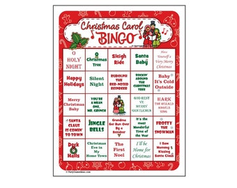 Könnte beinhalten: Eine Weihnachtslieder-Bingo-Spielkarte mit rotem Rand und festlichen Illustrationen. Die Karte zeigt ein Raster mit weihnachtlichen Phrasen und Songtiteln, ideal für Feiertagsfeiern. Oben steht "Christmas Carol Bingo".
