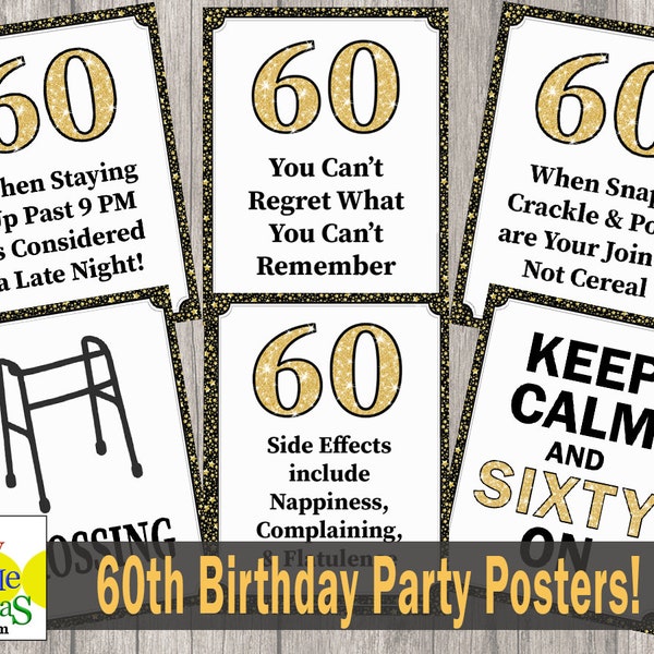 60th Birthday Party Posters, Happy Birthday Prank Signs, Jokes & Gags Printable 60th Birthday Posters, Funny Sixtieth Birthday Posters