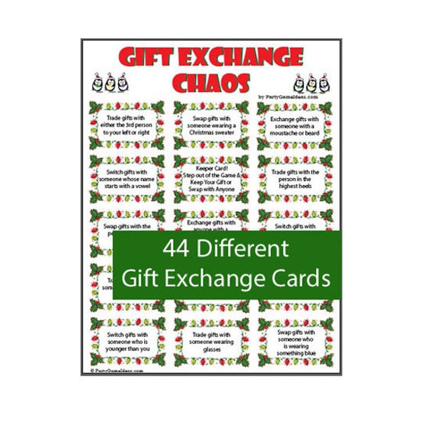 Gift Exchange Chaos - 44 Christmas Gift Exchange Cards for Holiday & Christmas Parties. Printable Christmas Gift Exchange - Swap Game