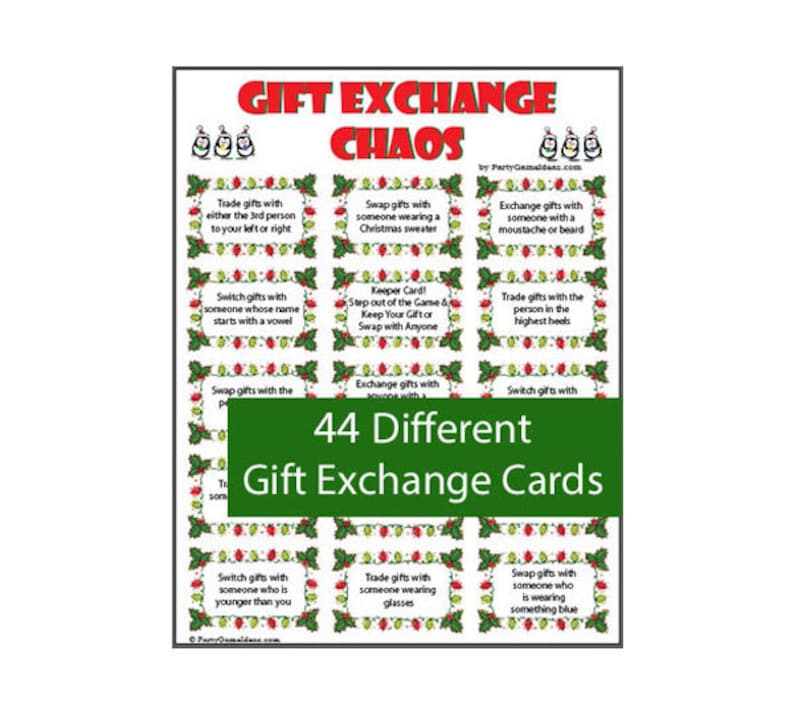 Gift Exchange Chaos 44 Christmas Gift Exchange Cards for Holiday & Christmas Parties. Printable