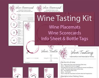 May include: Wine tasting kit with placemats, scorecards, and bottle tags. The kit includes an information sheet with the five S's of wine tasting: see, swirl, sniff, sip, and savor. The sheet also includes descriptive wine tasting terms.