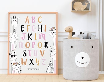 Animal alphabet book • Alphabet poster • Children's and baby's room • Birth, birthday gift • Lion, Rabbit, Fox, Teddy bear, Giraffe