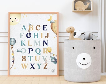 Hot air balloon alphabet book • Alphabet poster in the air • Children's room, baby room • Birth gift, birthday • Elephant, balloon, moon