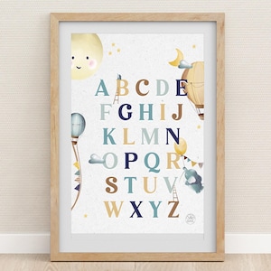 Libro del abecedario en globo aerostático • Póster del abecedario en el aire • Habitación infantil, habitación del bebé • Regalo de nacimiento, cumpleaños • Elefante, globo, luna