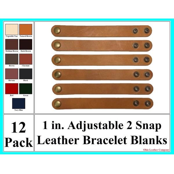 NEW NEW!! 12 Pack 1 Inch 2 Snap Adjustable Bracelet Blanks. Leather Bracelet Blanks-Leather Bracelet Cuff- Adjustable Bracelet Cuff