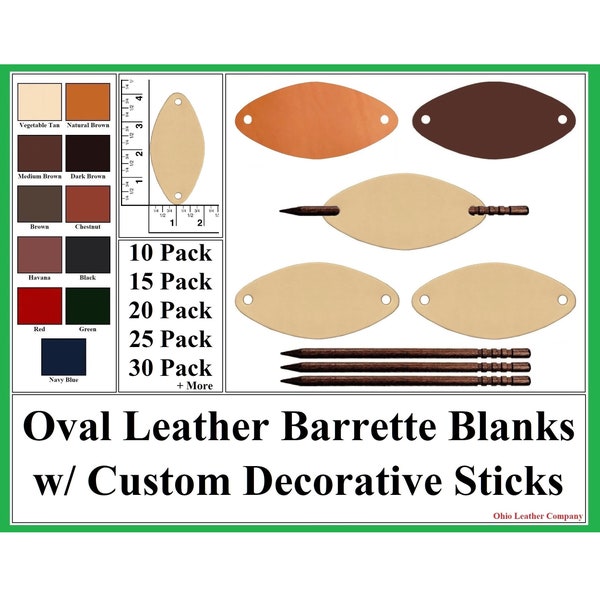 Leather Barrette Blank Oval 2 in. x 3-1/2 in. - Oval Leather Barrettes with Decorative Sticks - Oval Leather Barrette Blanks 8+ Colors