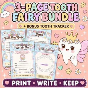 May include: A 3-page tooth fairy bundle with a bonus tooth tracker. The set includes an official tooth fairy receipt, a tooth fairy letter, a certificate of first lost tooth, and a tooth journey chart featuring cartoon teeth, rainbows, and hearts.