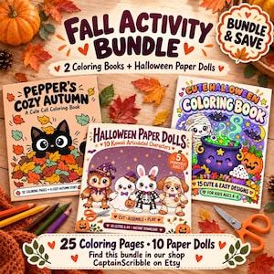 Puede incluir: Un paquete de actividades de otoño que incluye tres artículos: el libro para colorear Pepper's Cozy Autumn, un set de muñecas de papel de Halloween con 10 personajes y un libro para colorear Cute Halloween. Incluye 25 páginas y 10 muñecas.