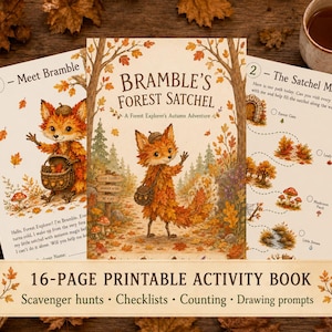 Può includere: Un libro di attività stampabile di 16 pagine intitolato Bramble's Forest Satchel con un personaggio volpe coperto di foglie autunnali. Il set include pagine intitolate Meet Bramble e The Satchel Map con illustrazioni di sentieri e funghi.