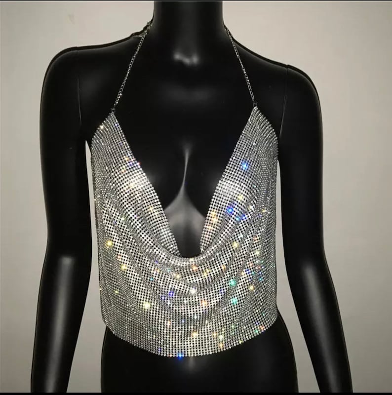 Metal chain halter beaded backless contrast top