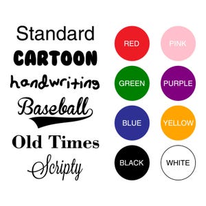 Op de afbeelding: Een afbeelding met verschillende lettertypestijlen en kleurstalen. Lettertypestijlen zijn onder meer "Standard", "CARTOON", "handwriting", "Baseball", "Old Times" en "Scripty". Kleurstalen zijn rood, roze, groen, paars, blauw, geel, zwart en wit.