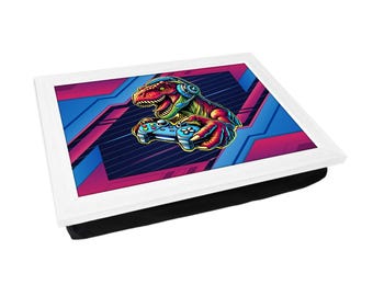 Personalisiertes Gaming Dinosaurier Foto Rundes Tablett L1500 | Personalisiert | gepolstertes Mehrzwecktablett | Laptop Schreibtisch | Handgefertigt in Großbritannien | 2 Größen