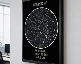 A3 Personalised Star Map in Frame - The Night Sky on Birthdays, Engagements and Wedding, Location Of First Dates - Free Customisation