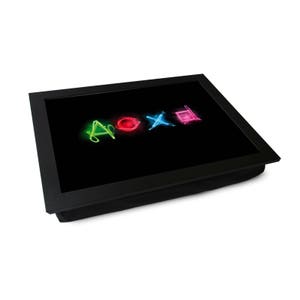 May include: Black tray with a cushion on the bottom. The tray has a black frame and a black background with neon green, blue, red, and pink symbols.