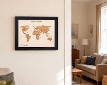 Personalised World Travel Map – Framed Cork Map of The World with Coloured Pins Included, Optional Custom Name, Wall Art, Gift for Travelers