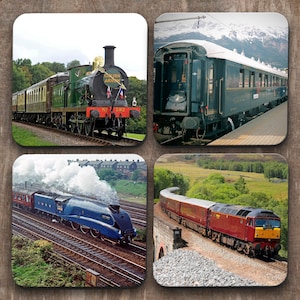 May include: Four coasters featuring vintage steam locomotives. The coasters are square and feature a wood-grain background. The first coaster shows a green and black steam locomotive with the words "Golden Arrow" on the side. The second coaster shows a blue and black steam locomotive with a red stripe. The third coaster shows a red and black steam locomotive with a white stripe. The fourth coaster shows a blue and black steam locomotive with a white stripe.