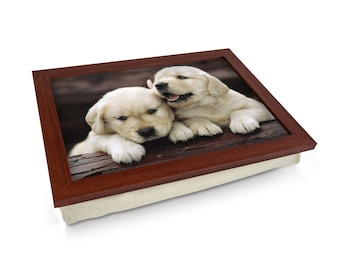 Golden Retriever Welpen Foto Tablett L002 | Personalisiertes Geschenk Mehrzwecktablett mit Kissen | Laptop Schreibtisch | Handgefertigt in Großbritannien | 2 Größen