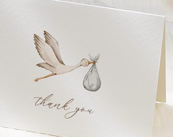 Stork Baby Shower Thank You Cards | Watercolor Stationery Set | Style ST057