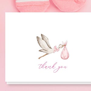 Stork Baby Shower Thank You Cards | Pink Stationery Set for Girl | Style ST061