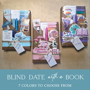 May include: Three brown paper-wrapped book packages decorated with colorful stickers, pens, and sticky notes. Each package features a library card tag labeled Mystery Thriller, Romance, or History, tied with twine. The packages include reading logs.