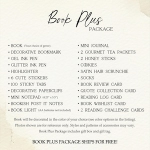 A product listing text graphic titled Book Plus Package detailing all items included in the gift box and noting that items may vary.