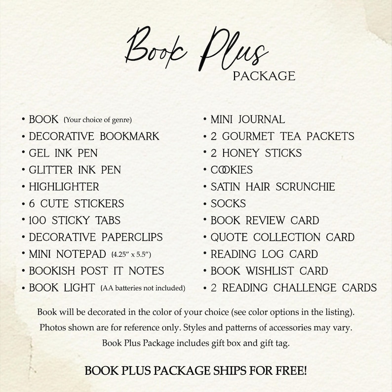 A product listing text graphic titled Book Plus Package detailing all items included in the gift box and noting that items may vary.