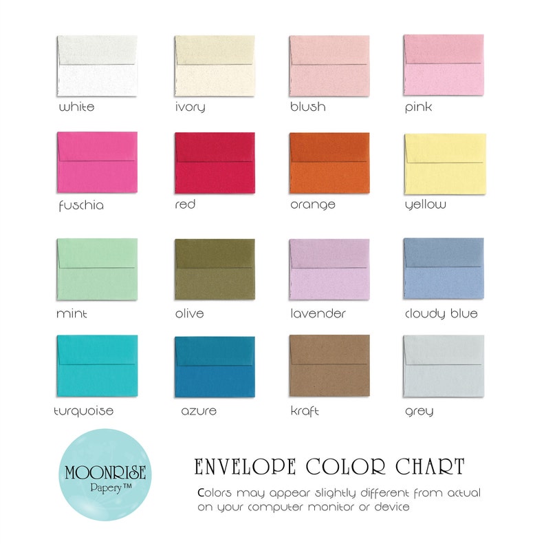 May include: An envelope color chart featuring sixteen different envelope colors, including white, ivory, blush, pink, fuchsia, red, orange, yellow, mint, olive, lavender, cloudy blue, turquoise, azure, kraft, and grey. The text "Envelope Color Chart" is also present.