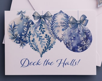 Personalized CHRISTMAS CARD SET | Blue Ornaments Holiday Cards | Chinoiserie Christmas | Coquette Ribbon Cards | Style BO681