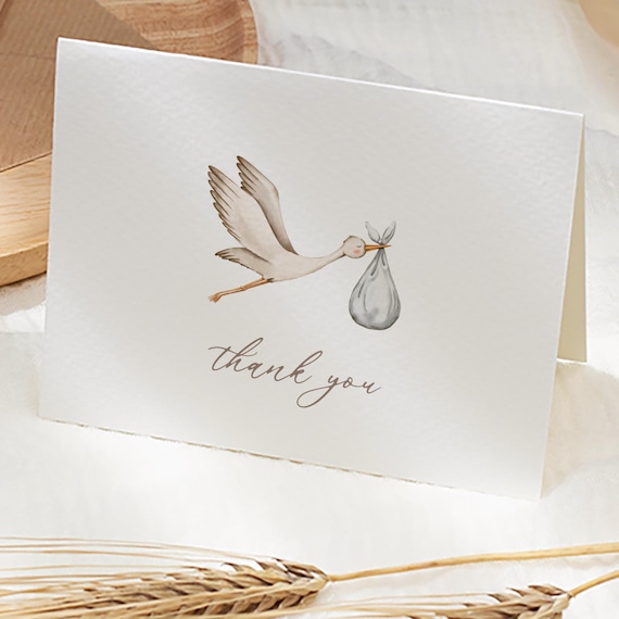Stork Baby Shower Thank You Cards | Watercolor Stationery Set | Style ST057