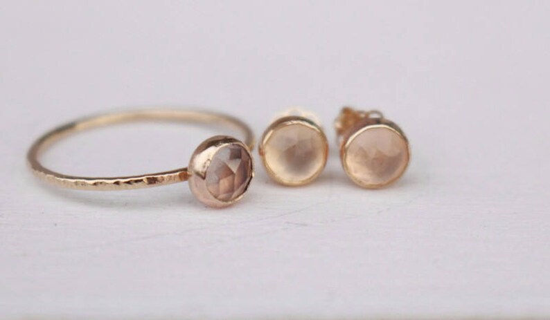 Rose quartz ring and earrings set 14 k gold