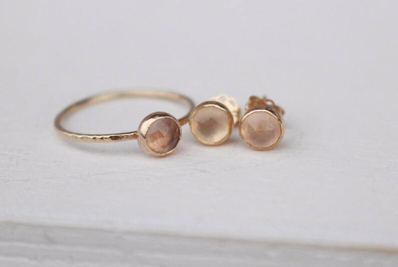 Rose quartz ring and earrings set 14 k gold