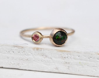14 K Gold engagement  Ring with black opal and tourmaline