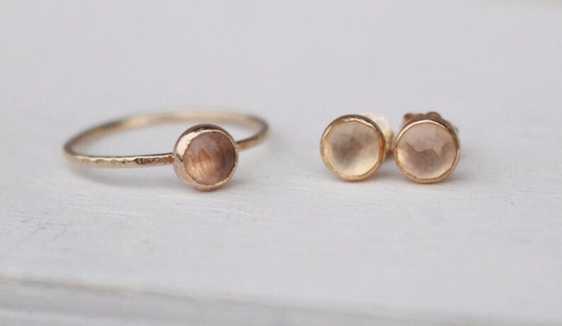 Rose quartz ring and earrings set 14 k gold