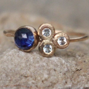 Sapphire Topaz engagement cluster ring 14 k Gold. Birthstone of September.