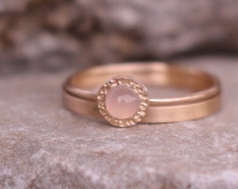 Engagement Ring Set pink chalcedony 14 K Gold october birthstone