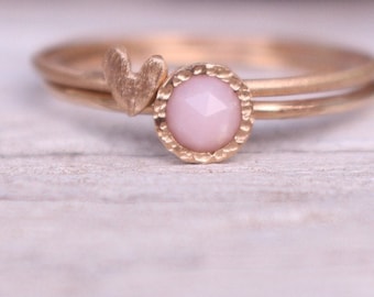 Pink opal and heart engagement rings set 14 K gold