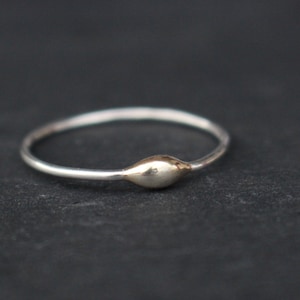Op de afbeelding: Een delicate zilveren ring met een kleine, ovaalvormige gouden kraal in het midden. De ringband is dun en glad, en de gouden kraal voegt een subtiel contrast toe aan het zilver. De ring wordt getoond tegen een donkere achtergrond.