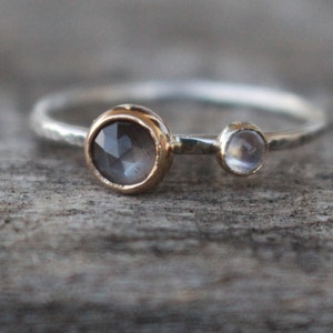 Grey moonstone and white moonstone mixed metal engagement ring 925 Silver 14 K Gold june Birthstone