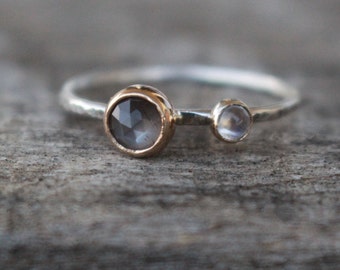 Grey moonstone and white moonstone mixed metal engagement ring 925 Silver 14 K Gold june Birthstone