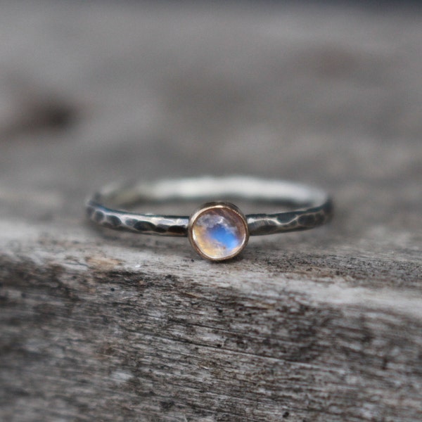 14 k gold and Sterling Silver Ring with rainbow moonstone