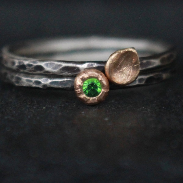 Set 14 k gold and Sterling Silver Rings Tsavorite Garnet