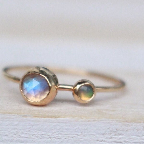 14 K Gold engagement Ring with rainbow moonstone and opal