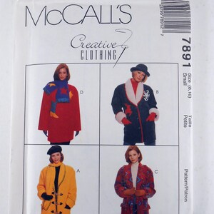 May include: A vintage McCall's sewing pattern for creative clothing. The pattern features four coat designs in different colors and styles. The pattern size is small, and the style number is 7891.