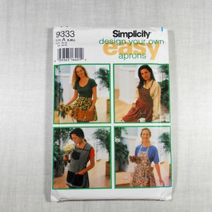 May include: Simplicity pattern 9333 for designing your own easy aprons. The pattern includes four different apron styles, with a woman modeling each style. The pattern is for sizes S, M, and L.