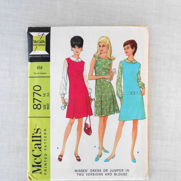 Womens Jumper, 1960s Dress Pattern, Princess Seams, Size 14, Bust 34, McCalls 8770, Long Sleeve Blouse, Sewing Pattern, Sheer Blouse Pattern