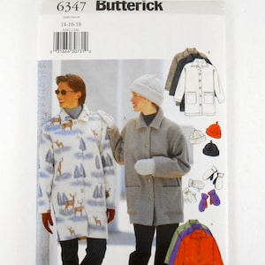 May include: A Butterick sewing pattern envelope featuring a coat design. The envelope shows a woman wearing a white coat with a deer and tree pattern. Additional coat designs in gray, brown, orange, purple, and green are also shown.