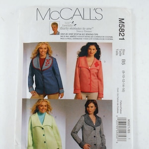 May include: McCall's sewing pattern M5821 featuring four jacket designs. The pattern includes the text "ten twenty thirty minutes to sew" and "STEP-BY-STEP STOP & GO SEWING TIPS". Size B5 (8-10-12-14-16).