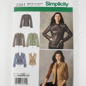 May include: Simplicity sewing pattern 2341 featuring designs for jackets and a vest. The pattern includes size U5, 16, 18, 20, 22, and 24. The front of the pattern shows a woman wearing a brown leather jacket and a tan vest.