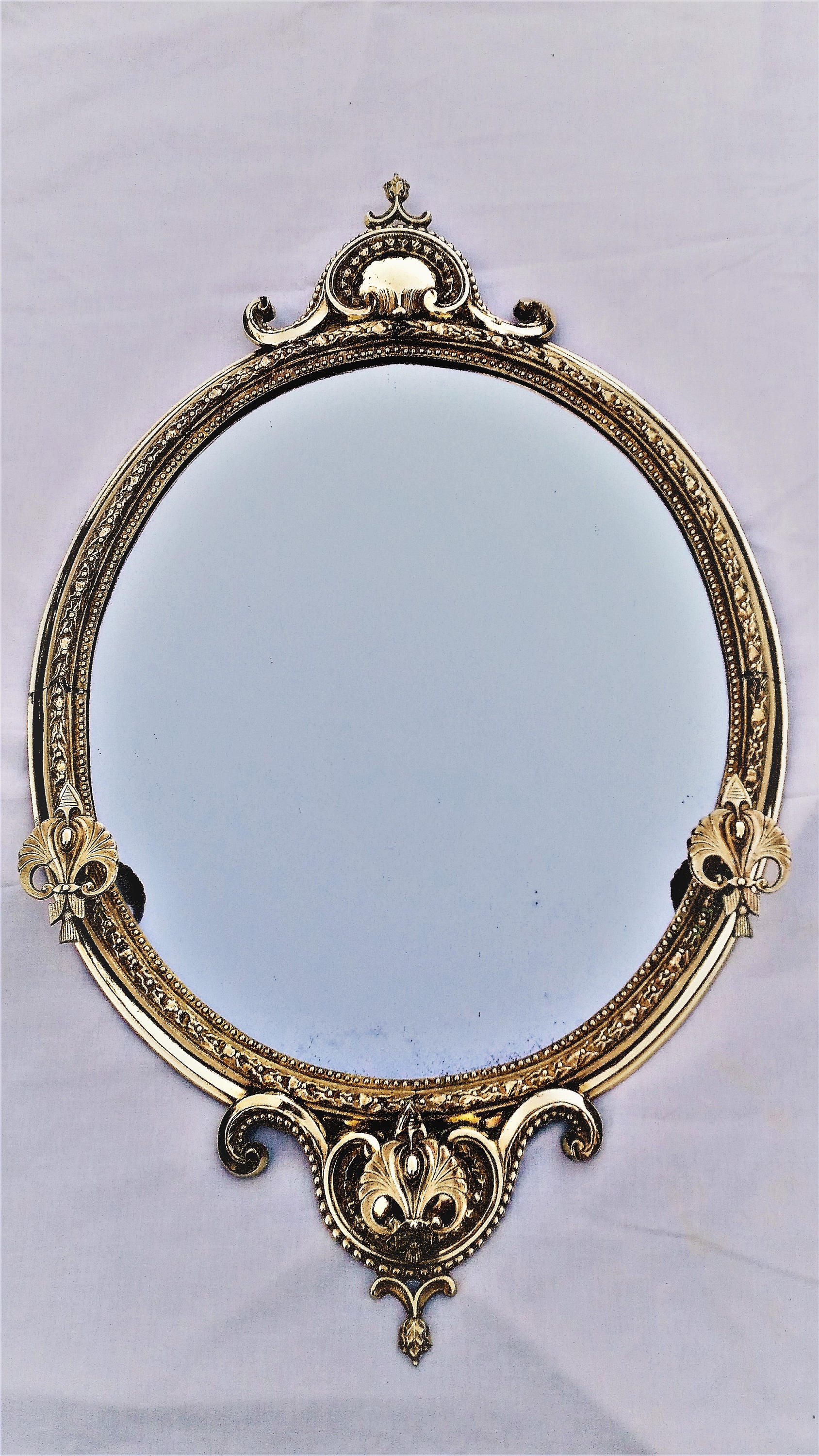 Image of Antique Brass Mirror. Original 18Th Century French Large Heavy Cast Oval Wall Mercury Glass. Was 1, 895 Now 1, 516 Pounds